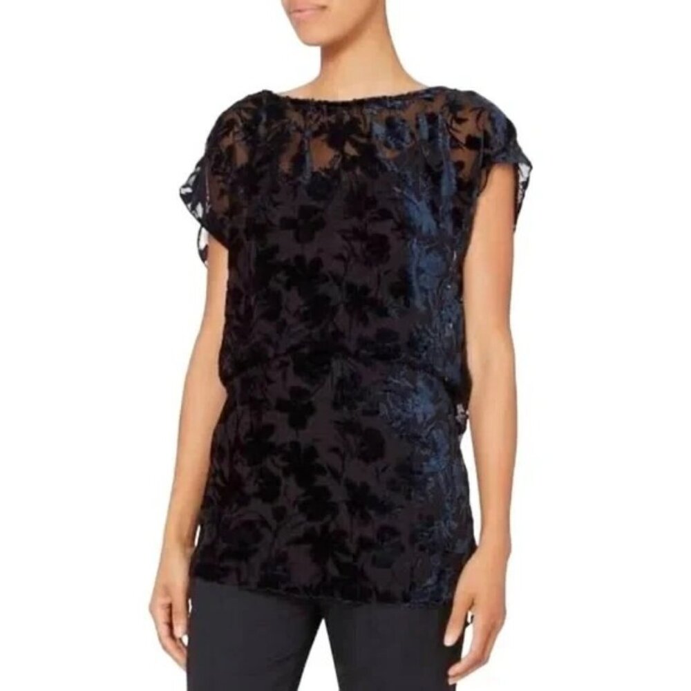 Nili Lotan‎ Grahan Floral Velvet Burnout Sheer Tunic Top Deep Navy Sz XS
